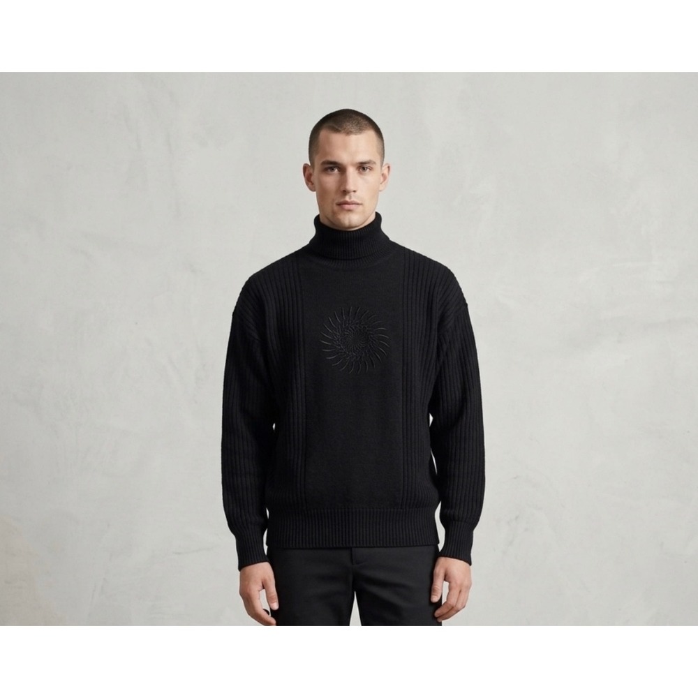 Meister Vintage Mens Sweater‎ Size L Black Wool Blend Ribbed Turtleneck Sunburst